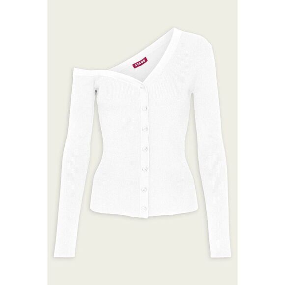 Staud Women's White Ribbed Asymmetric One Shoulder Craftsman Cardigan Large NWOT - Picture 1 of 7